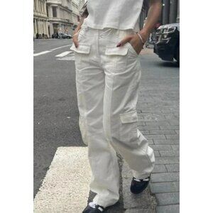 Brandy Melville Women's Adjustable Waist Kim Cargo Pants White Cotton One Size